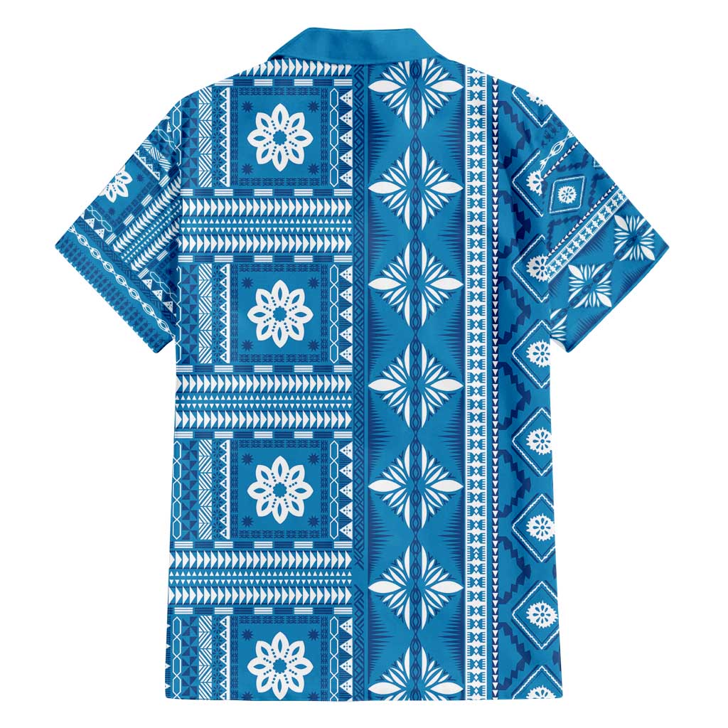 Fiji Masi All Blue Family Matching Off Shoulder Maxi Dress and Hawaiian Shirt Tapa Pattern - Polynesian Pride