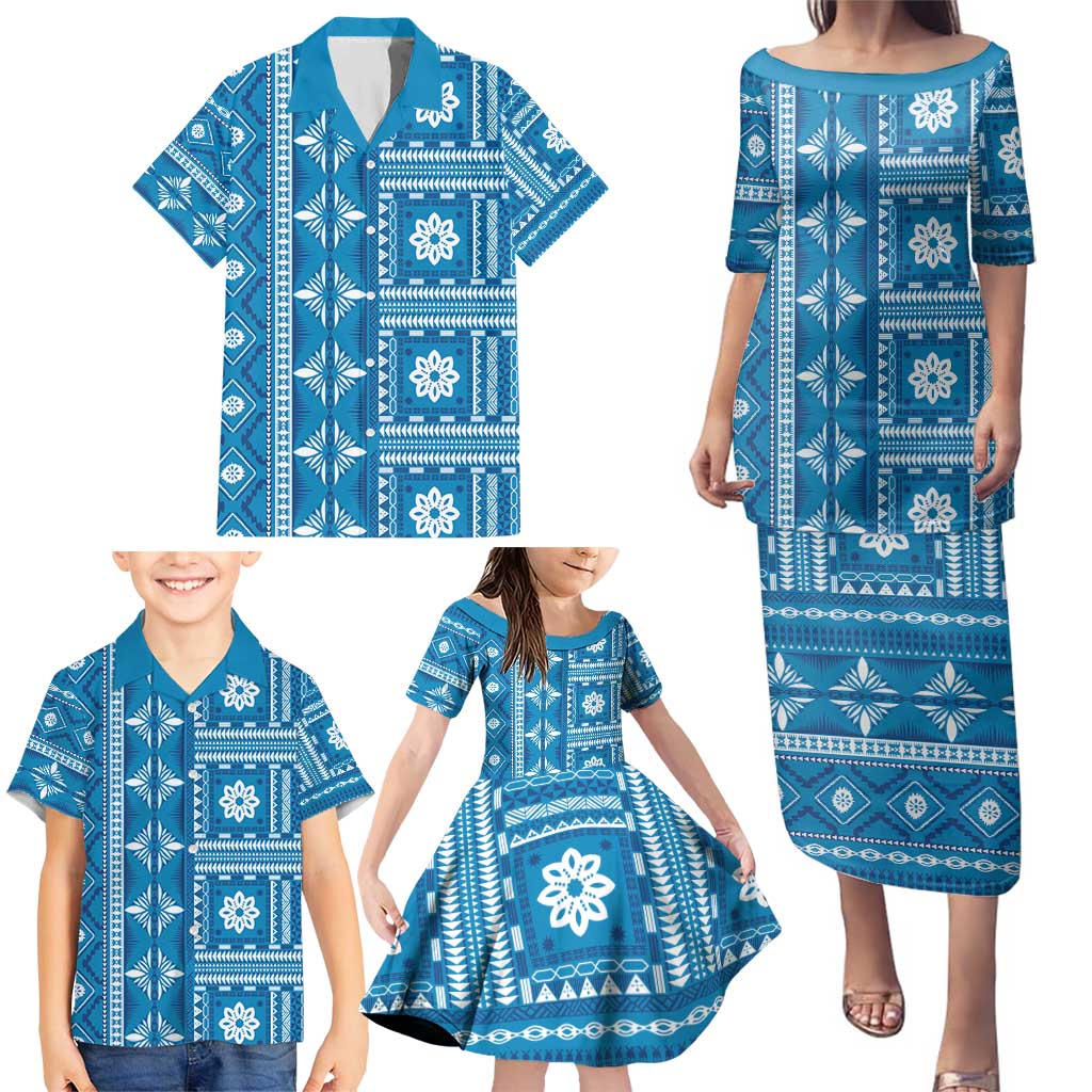 Fiji Masi All Blue Family Matching Puletasi and Hawaiian Shirt Tapa Pattern - Polynesian Pride