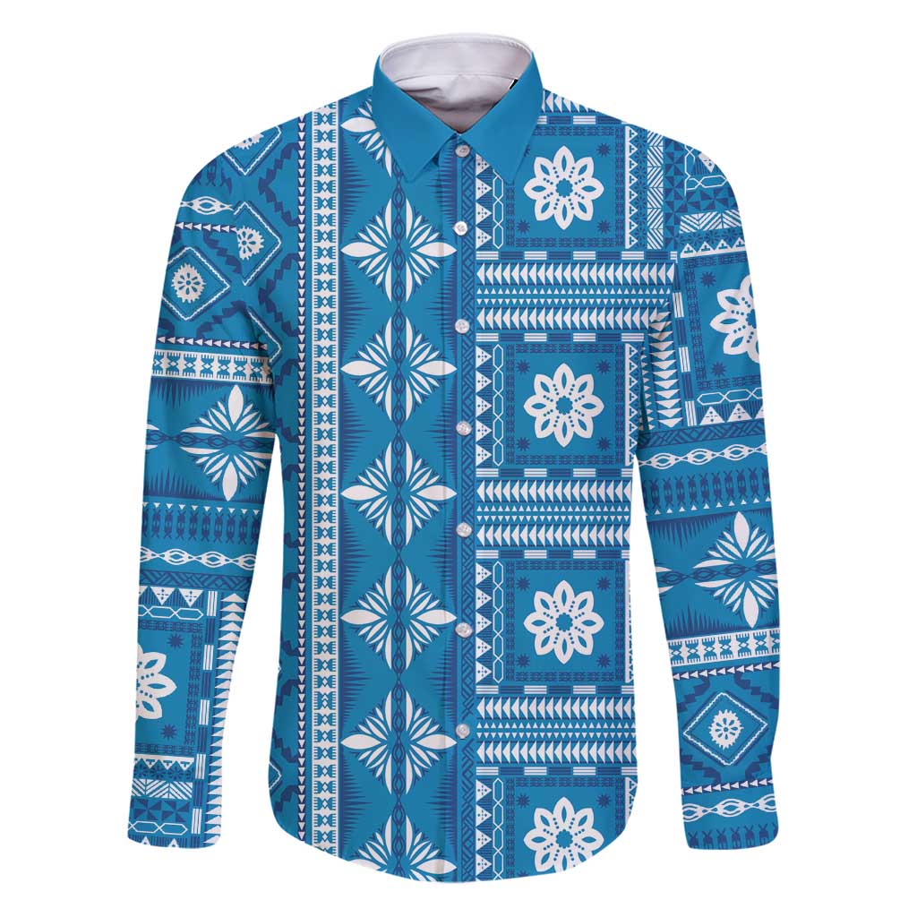 Fiji Masi All Blue Family Matching Puletasi and Hawaiian Shirt Tapa Pattern - Polynesian Pride