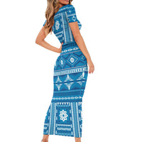 Fiji Masi All Blue Family Matching Short Sleeve Bodycon Dress and Hawaiian Shirt Tapa Pattern - Polynesian Pride