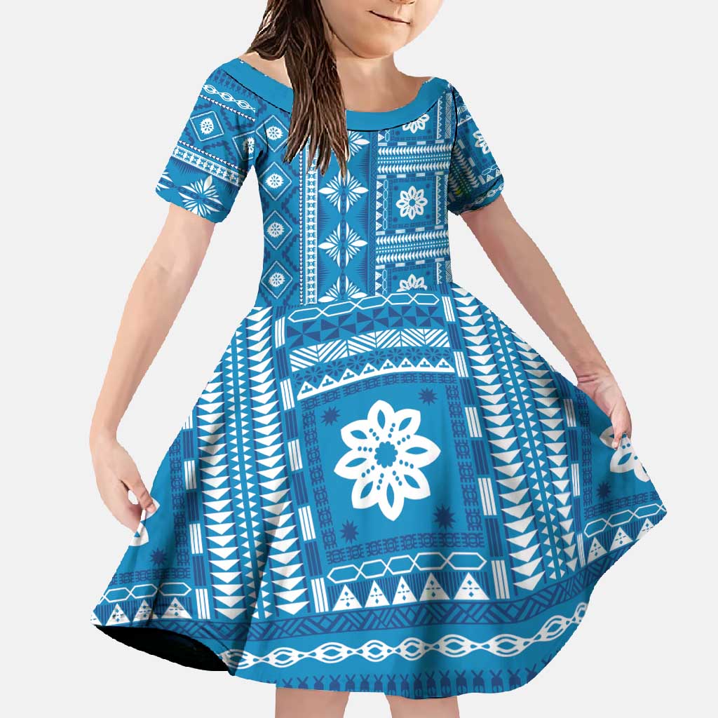 Fiji Masi All Blue Family Matching Summer Maxi Dress and Hawaiian Shirt Tapa Pattern - Polynesian Pride
