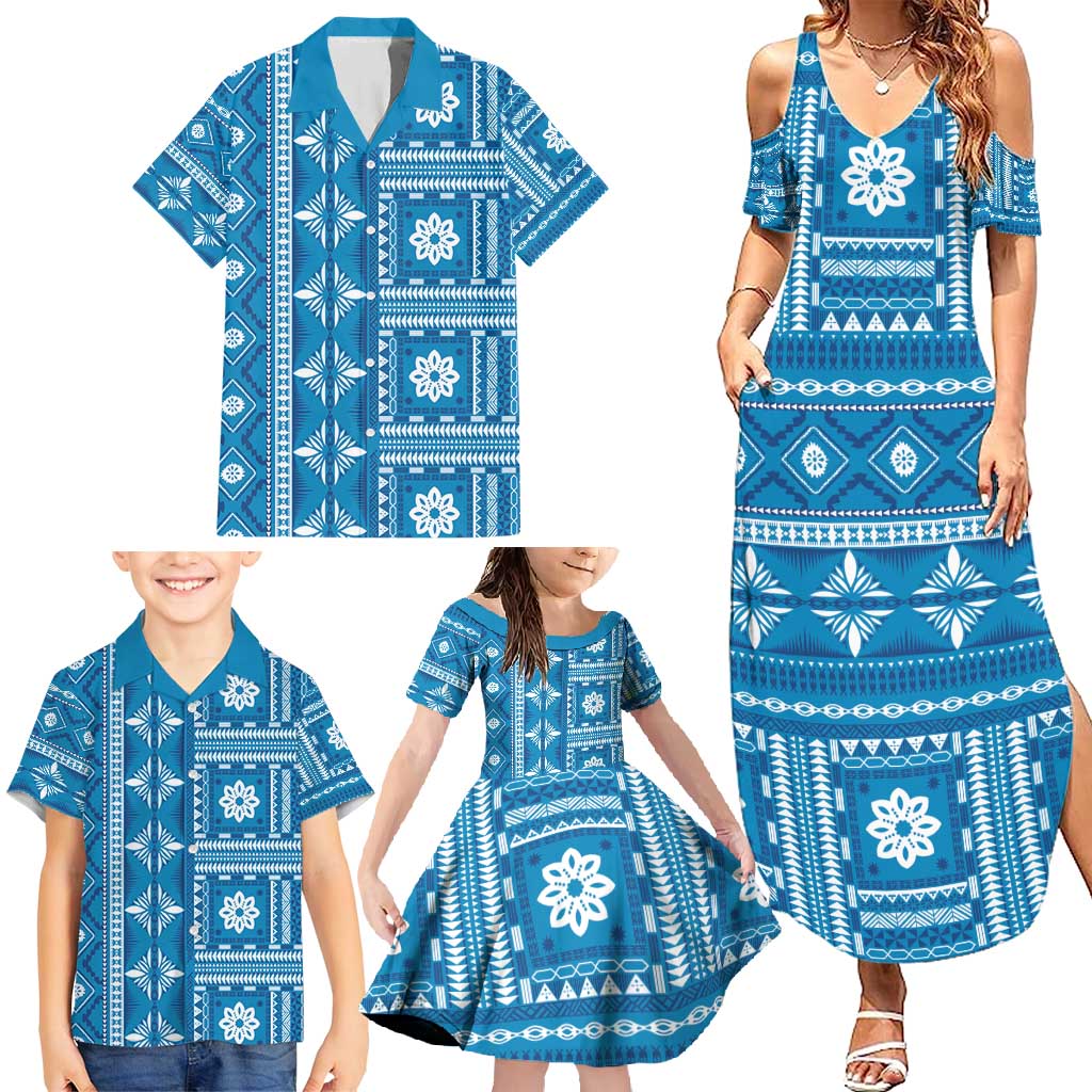 Fiji Masi All Blue Family Matching Summer Maxi Dress and Hawaiian Shirt Tapa Pattern - Polynesian Pride