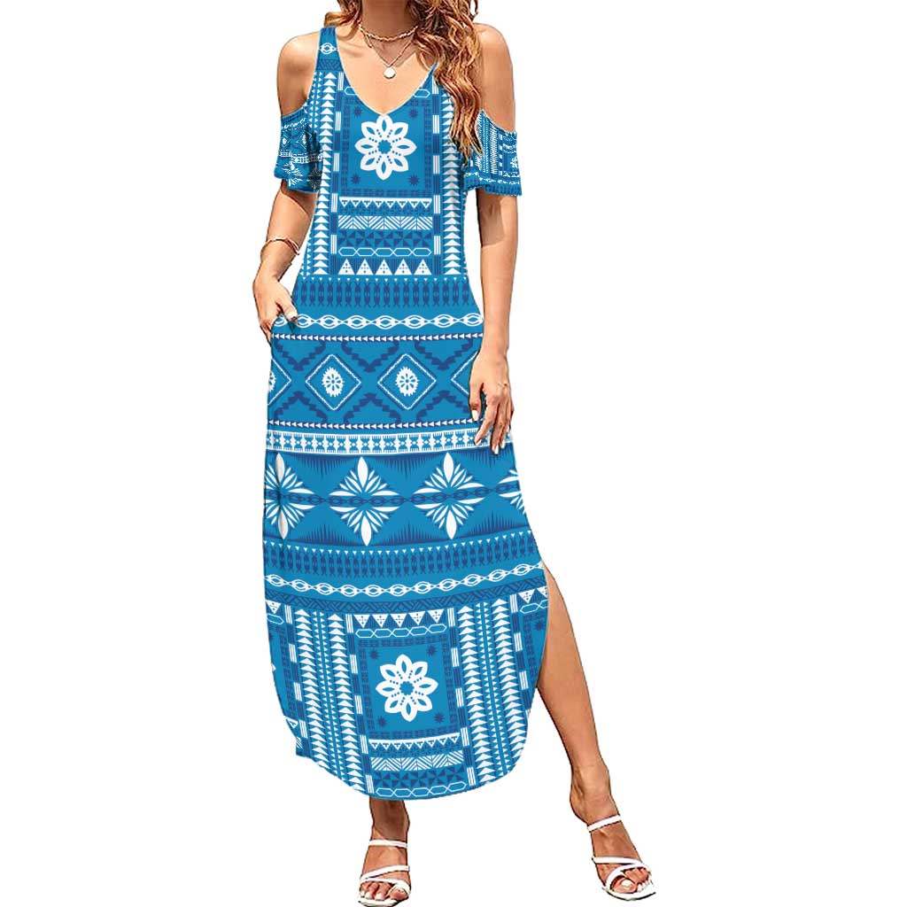 Fiji Masi All Blue Family Matching Summer Maxi Dress and Hawaiian Shirt Tapa Pattern - Polynesian Pride