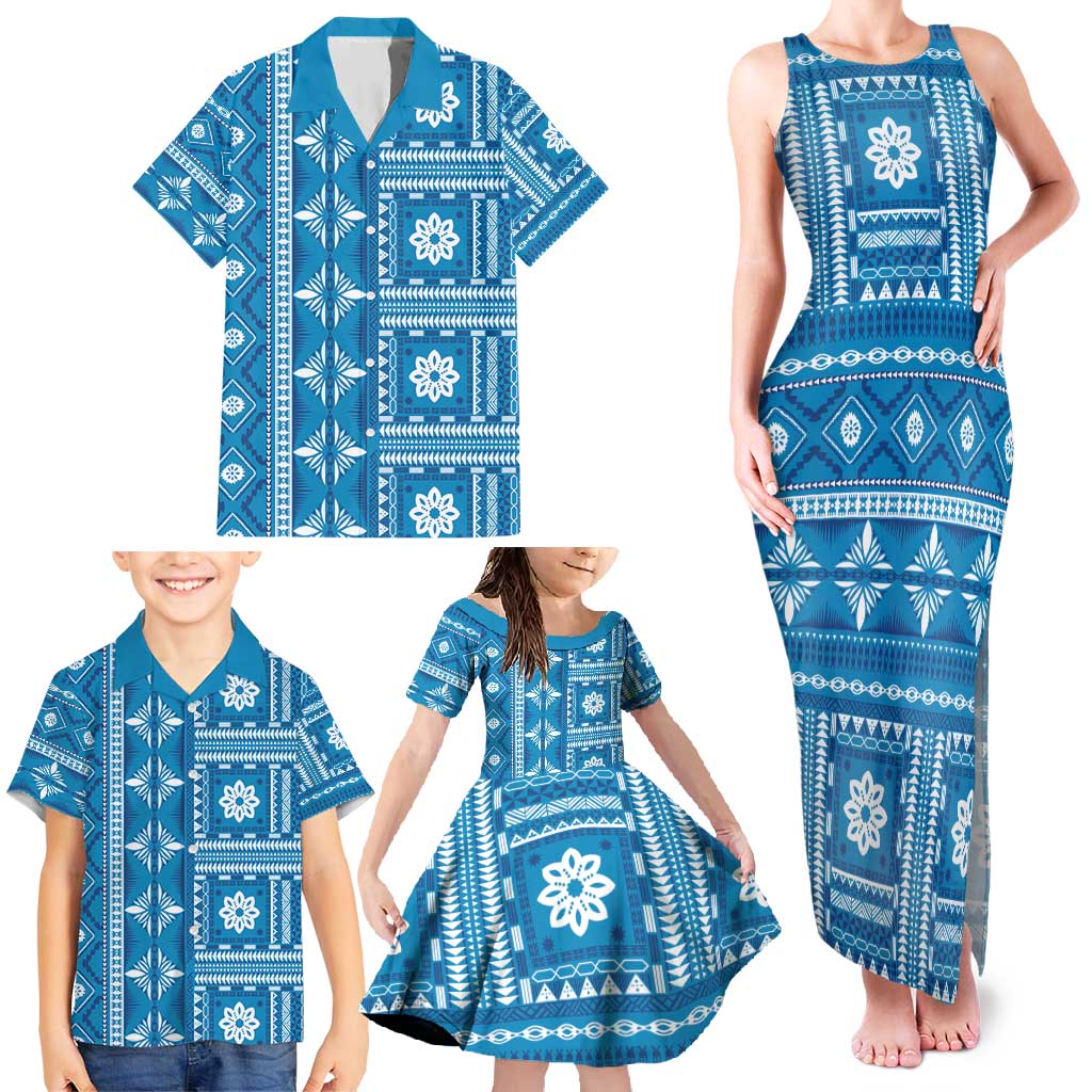 Fiji Masi All Blue Family Matching Tank Maxi Dress and Hawaiian Shirt Tapa Pattern - Polynesian Pride
