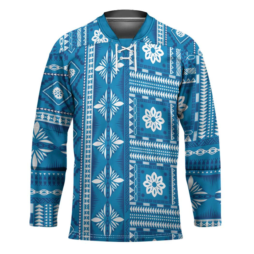 Fiji Masi All Blue Hockey Jersey Tapa Pattern - Polynesian Pride