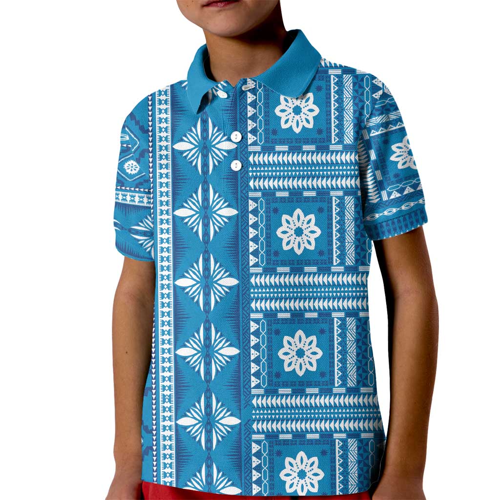 Fiji Masi All Blue Kid Polo Shirt Tapa Pattern - Polynesian Pride