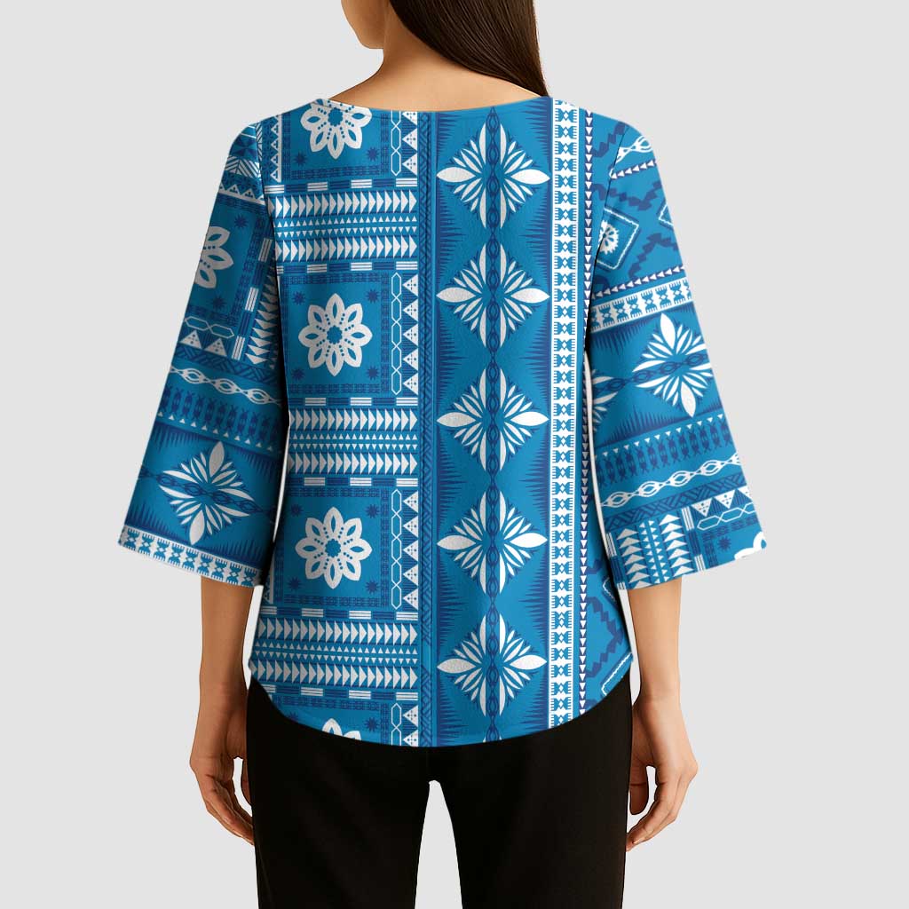 Fiji Masi All Blue Kimono Sleeve Blouse Tapa Pattern - Polynesian Pride