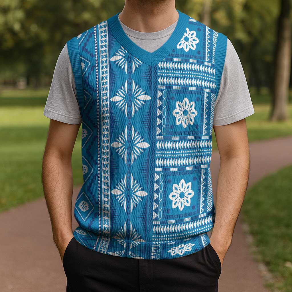 Fiji Masi All Blue Christmas Knitted V-Neck Vest Tapa Pattern - Polynesian Pride