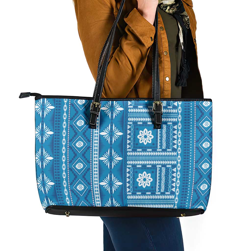 Fiji Masi All Blue Leather Tote Bag Tapa Pattern - Polynesian Pride