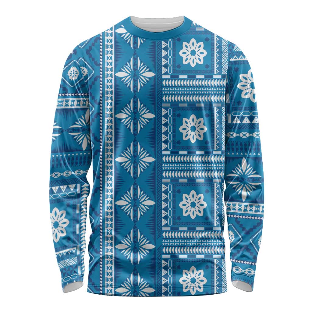 Fiji Masi All Blue Long Sleeve Shirt Tapa Pattern - Polynesian Pride