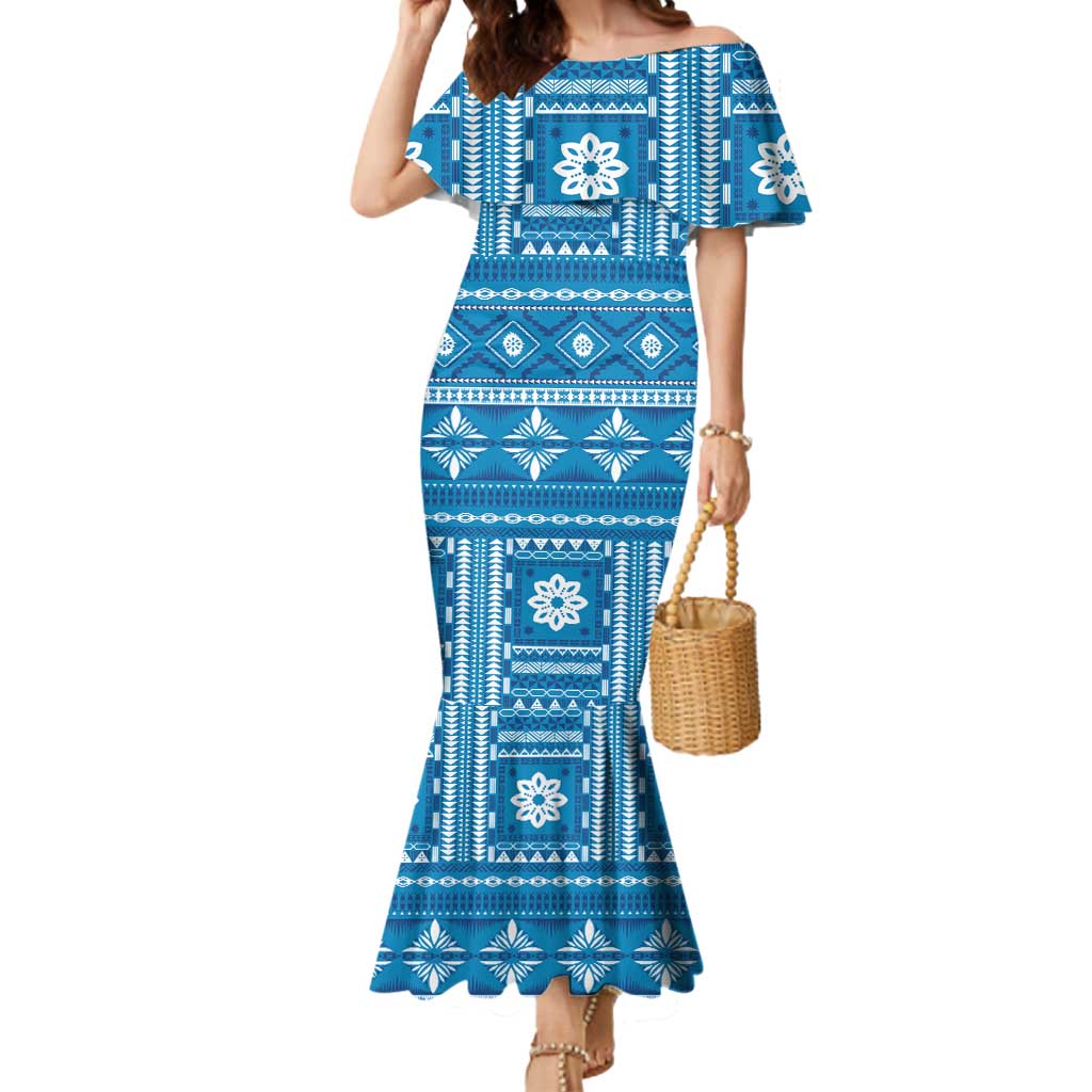 Fiji Masi All Blue Mermaid Dress Tapa Pattern - Polynesian Pride