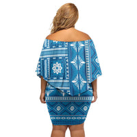 Fiji Masi All Blue Off Shoulder Short Dress Tapa Pattern - Polynesian Pride