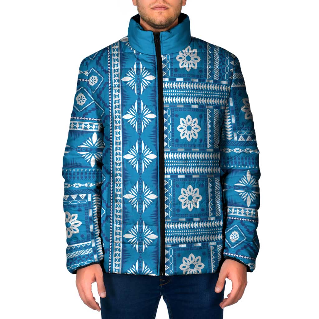 Fiji Masi All Blue Padded Jacket Tapa Pattern - Polynesian Pride