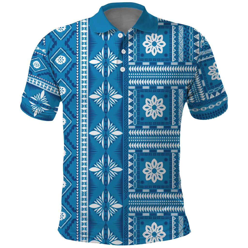 Fiji Masi All Blue Polo Shirt Tapa Pattern - Polynesian Pride