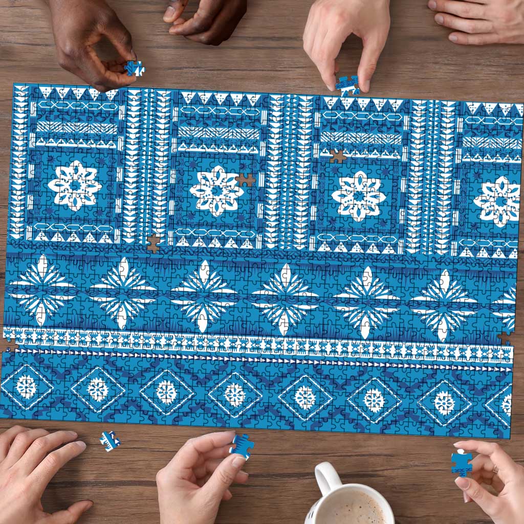 Fiji Masi All Blue Puzzle Tapa Pattern - Polynesian Pride