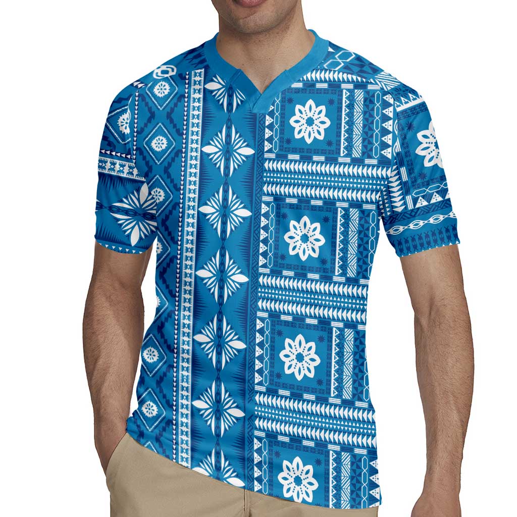 Fiji Masi All Blue Rugby Jersey Tapa Pattern - Polynesian Pride