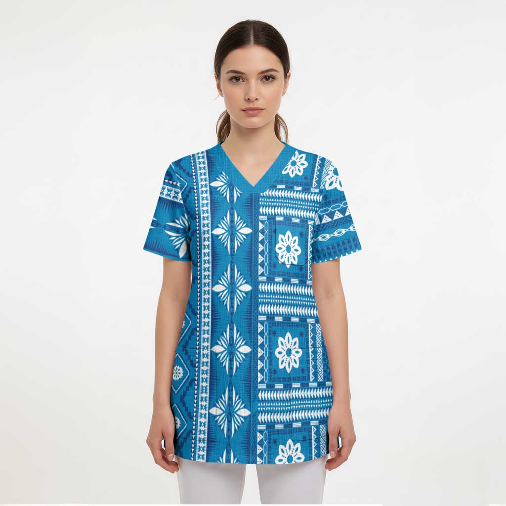 Fiji Masi All Blue Scrub Top Tapa Pattern - Polynesian Pride