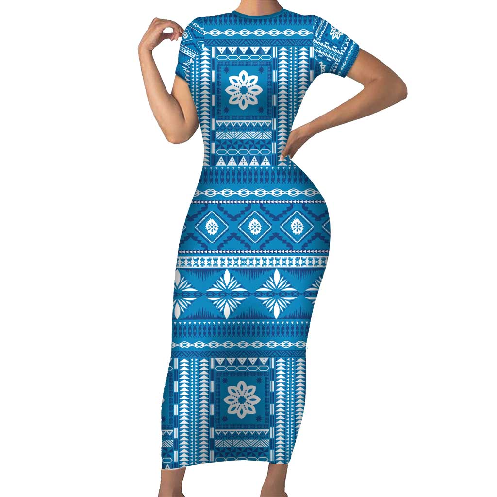 Fiji Masi All Blue Short Sleeve Bodycon Dress Tapa Pattern LT01 Long Dress Blue - Polynesian Pride
