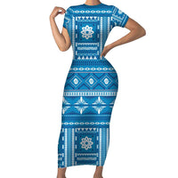 Fiji Masi All Blue Short Sleeve Bodycon Dress Tapa Pattern LT01 Long Dress Blue - Polynesian Pride