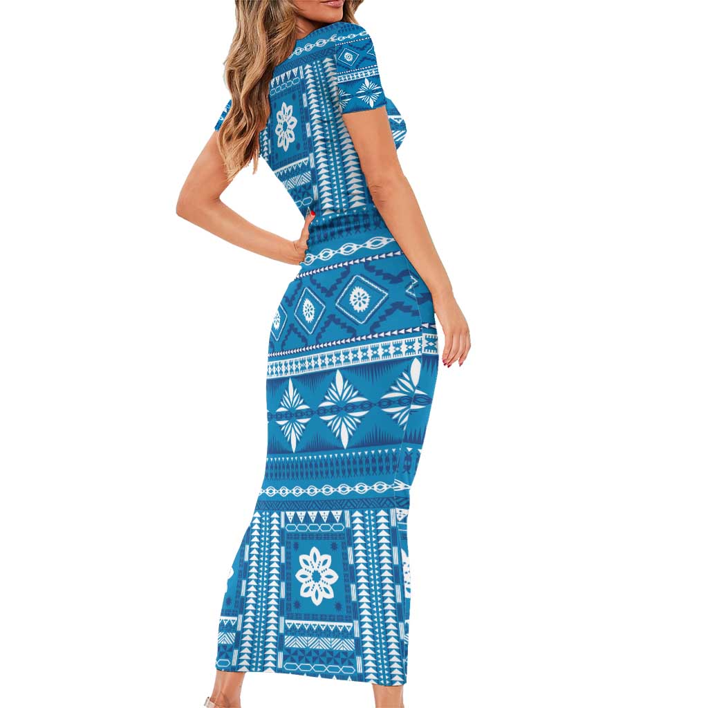 Fiji Masi All Blue Short Sleeve Bodycon Dress Tapa Pattern LT01 - Polynesian Pride