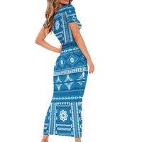 Fiji Masi All Blue Short Sleeve Bodycon Dress Tapa Pattern LT01 - Polynesian Pride