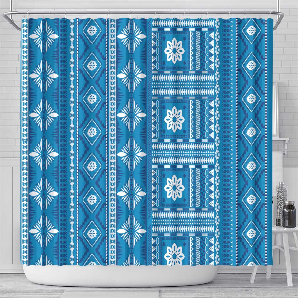 Fiji Masi All Blue Shower Curtain Tapa Pattern LT01 - Polynesian Pride