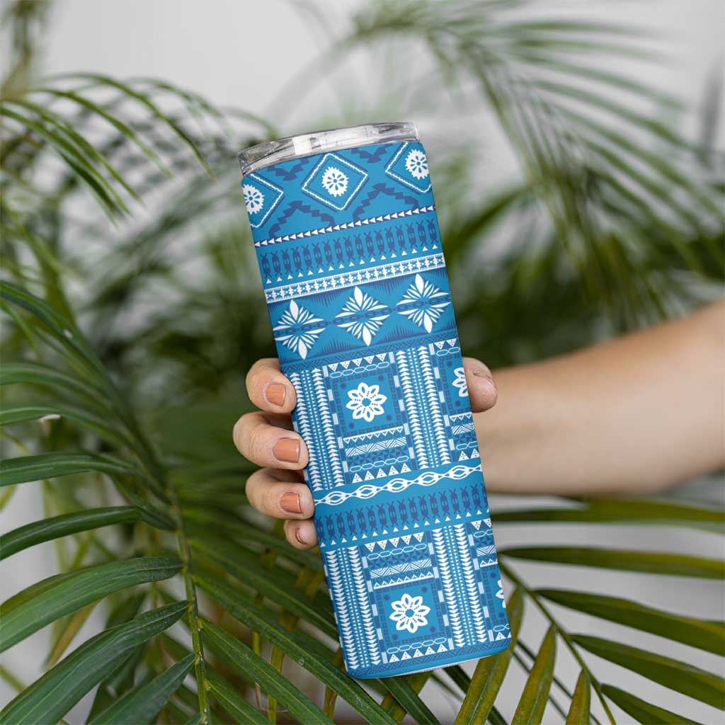 Fiji Masi All Blue Skinny Tumbler Tapa Pattern - Polynesian Pride
