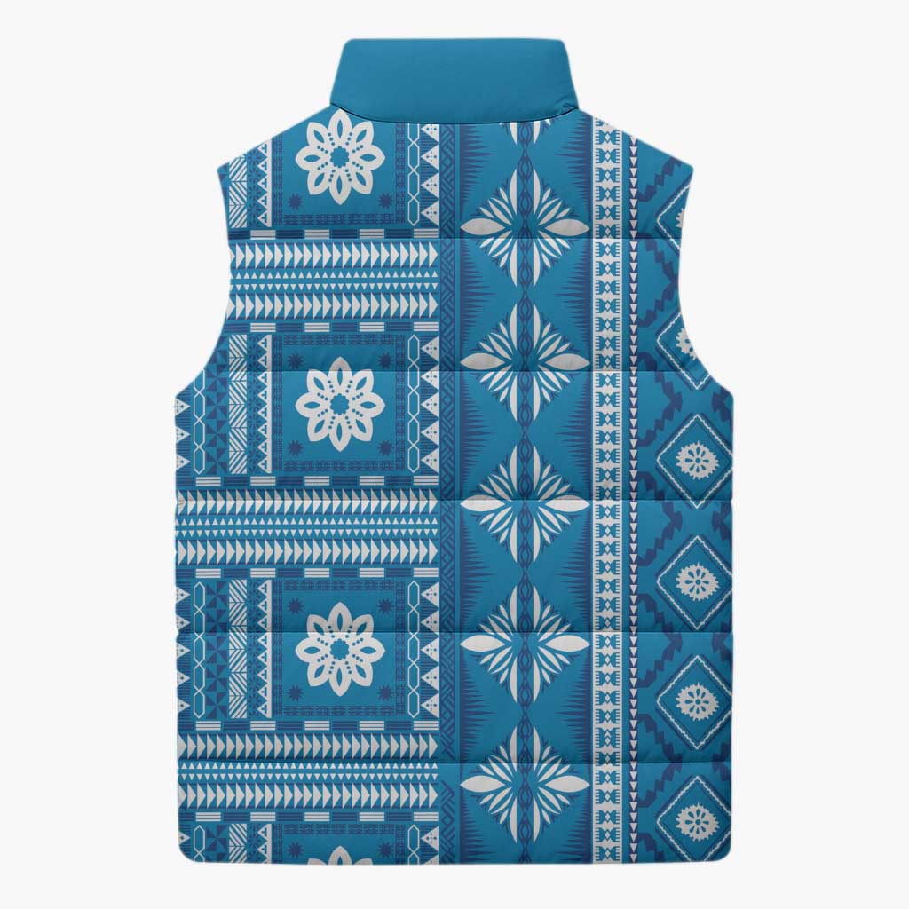 Fiji Masi All Blue Sleeveless Puffer Jacket Tapa Pattern - Polynesian Pride