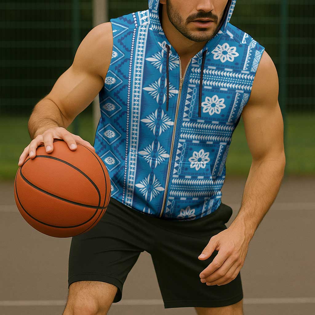 Fiji Masi All Blue Sleeveless Zip Hoodie Tapa Pattern - Polynesian Pride