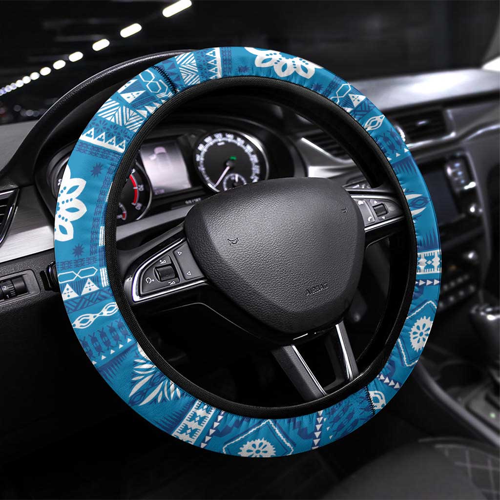 Fiji Masi All Blue Steering Wheel Cover Tapa Pattern - Polynesian Pride