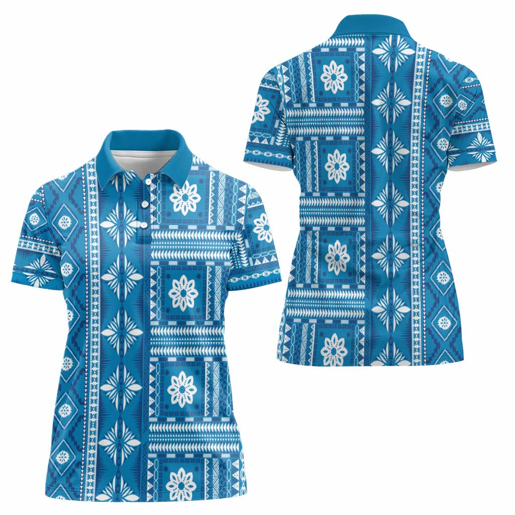 Fiji Masi All Blue Women Polo Shirt Tapa Pattern - Polynesian Pride