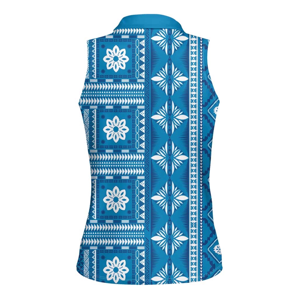 Fiji Masi All Blue Women Sleeveless Polo Shirt Tapa Pattern - Polynesian Pride