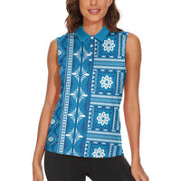 Fiji Masi All Blue Women Sleeveless Polo Shirt Tapa Pattern - Polynesian Pride