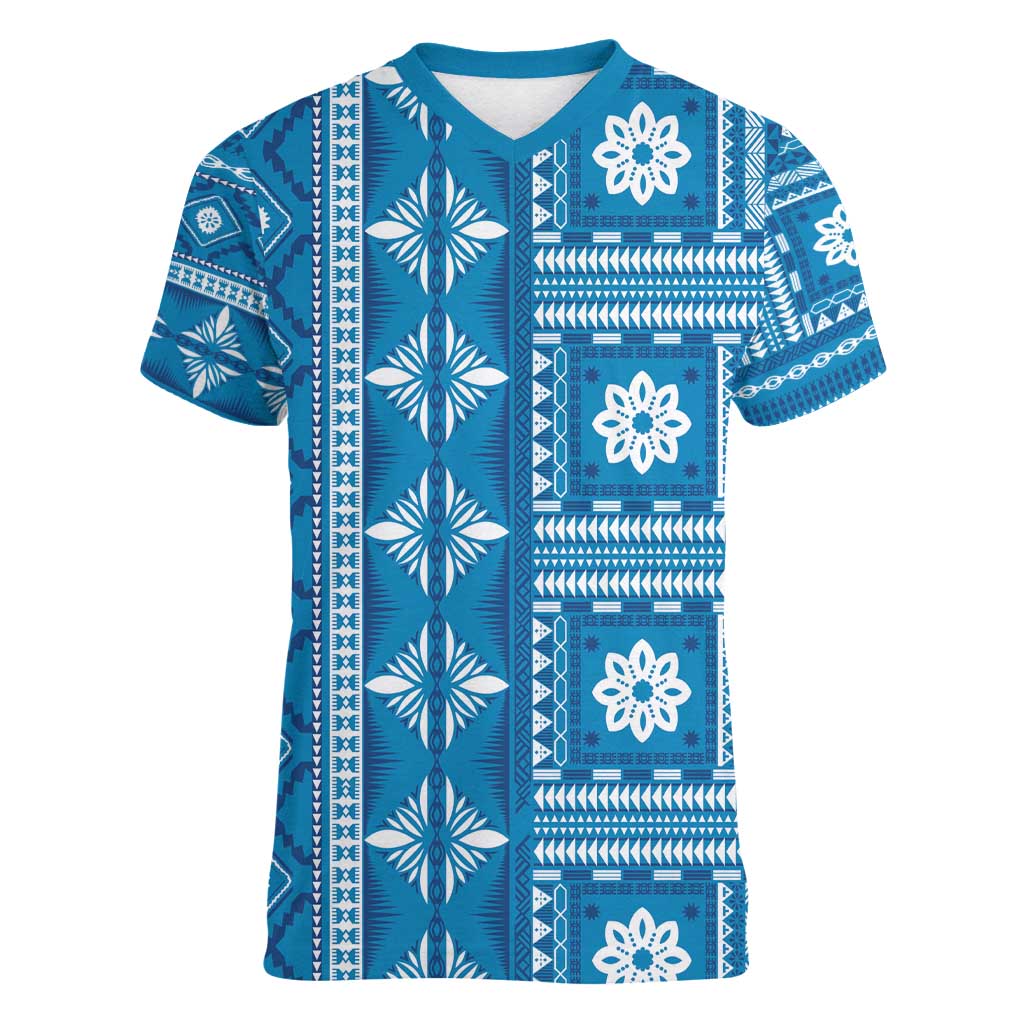 Fiji Masi All Blue Women V-Neck T-Shirt Tapa Pattern - Polynesian Pride