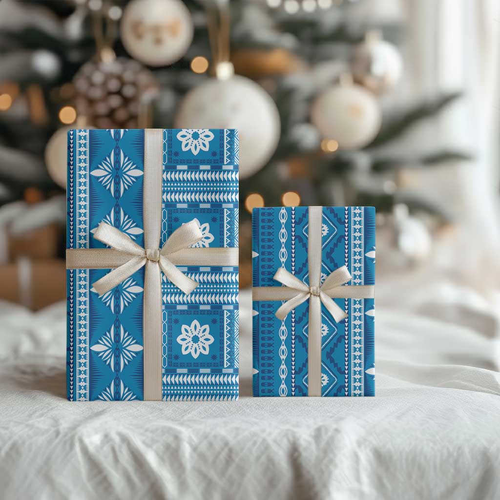 Fiji Masi All Blue Wrapping Paper Tapa Pattern - Polynesian Pride