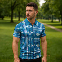 Fiji Masi All Blue Zipper Polo Shirt Tapa Pattern - Polynesian Pride