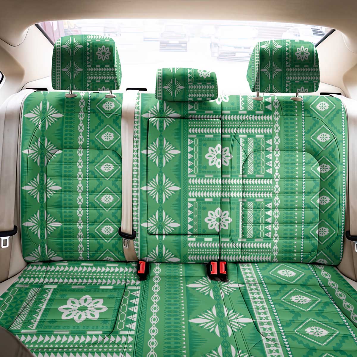 Fiji Masi All Green Back Car Seat Cover Tapa Pattern - Polynesian Pride