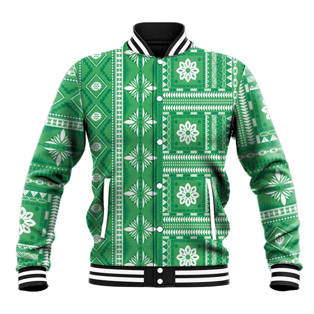 Fiji Masi All Green Baseball Jacket Tapa Pattern - Polynesian Pride