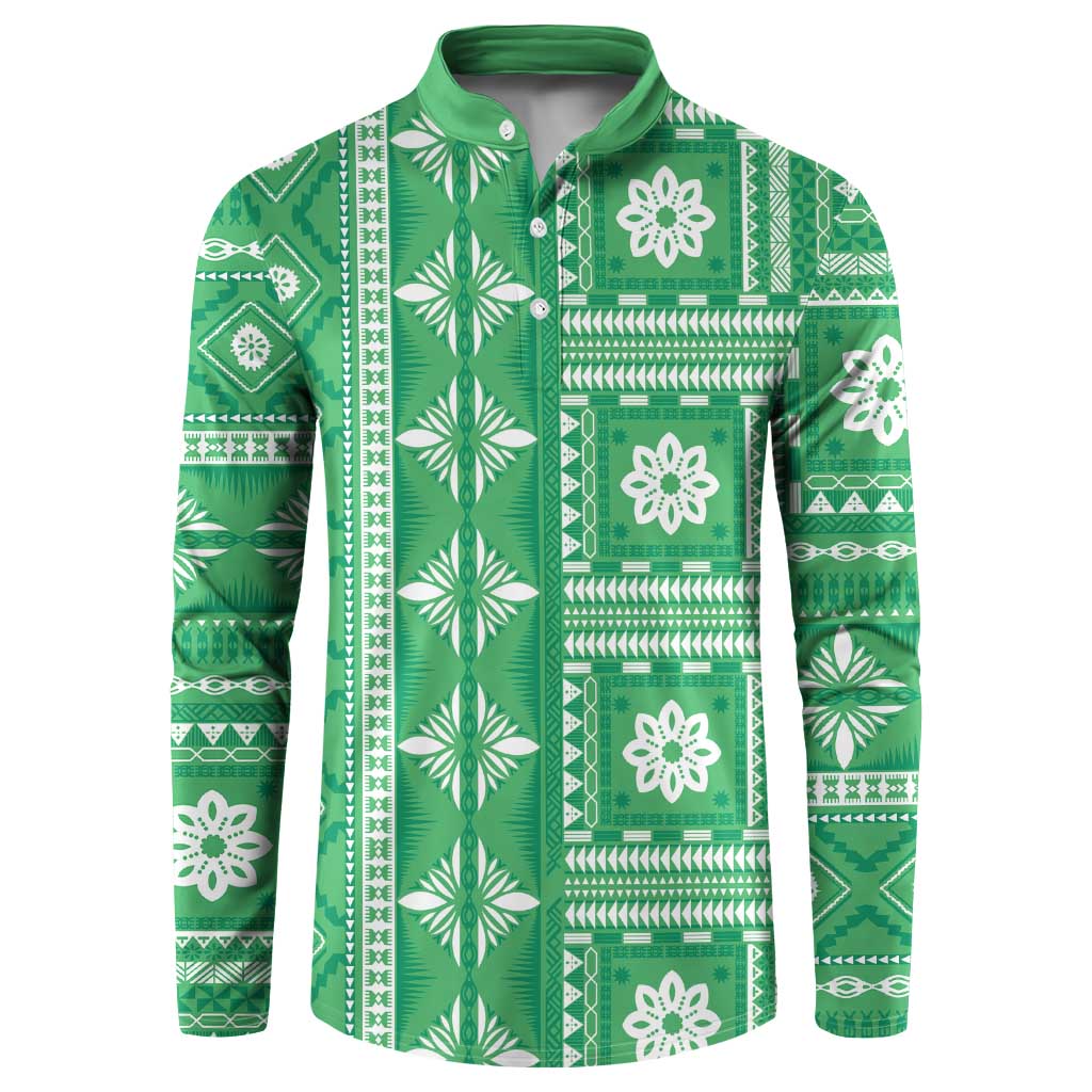 Fiji Masi All Green Button Sweatshirt Tapa Pattern - Polynesian Pride