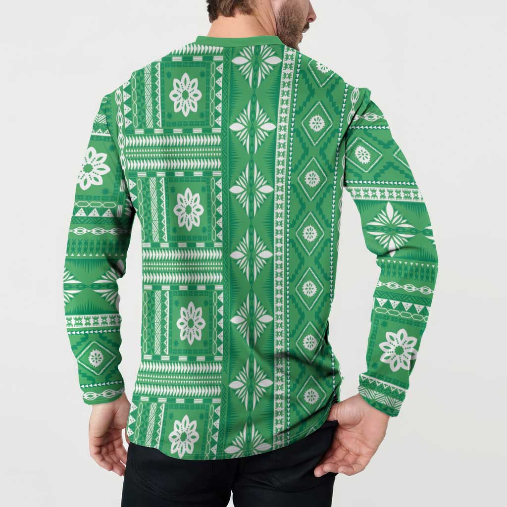 Fiji Masi All Green Button Sweatshirt Tapa Pattern - Polynesian Pride