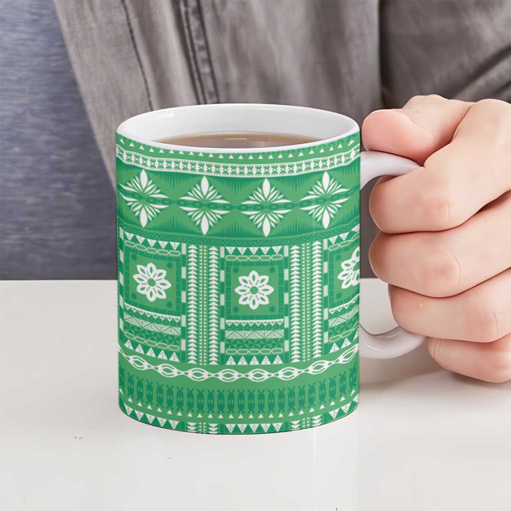 Fiji Masi All Green Ceramic Mug Tapa Pattern - Polynesian Pride