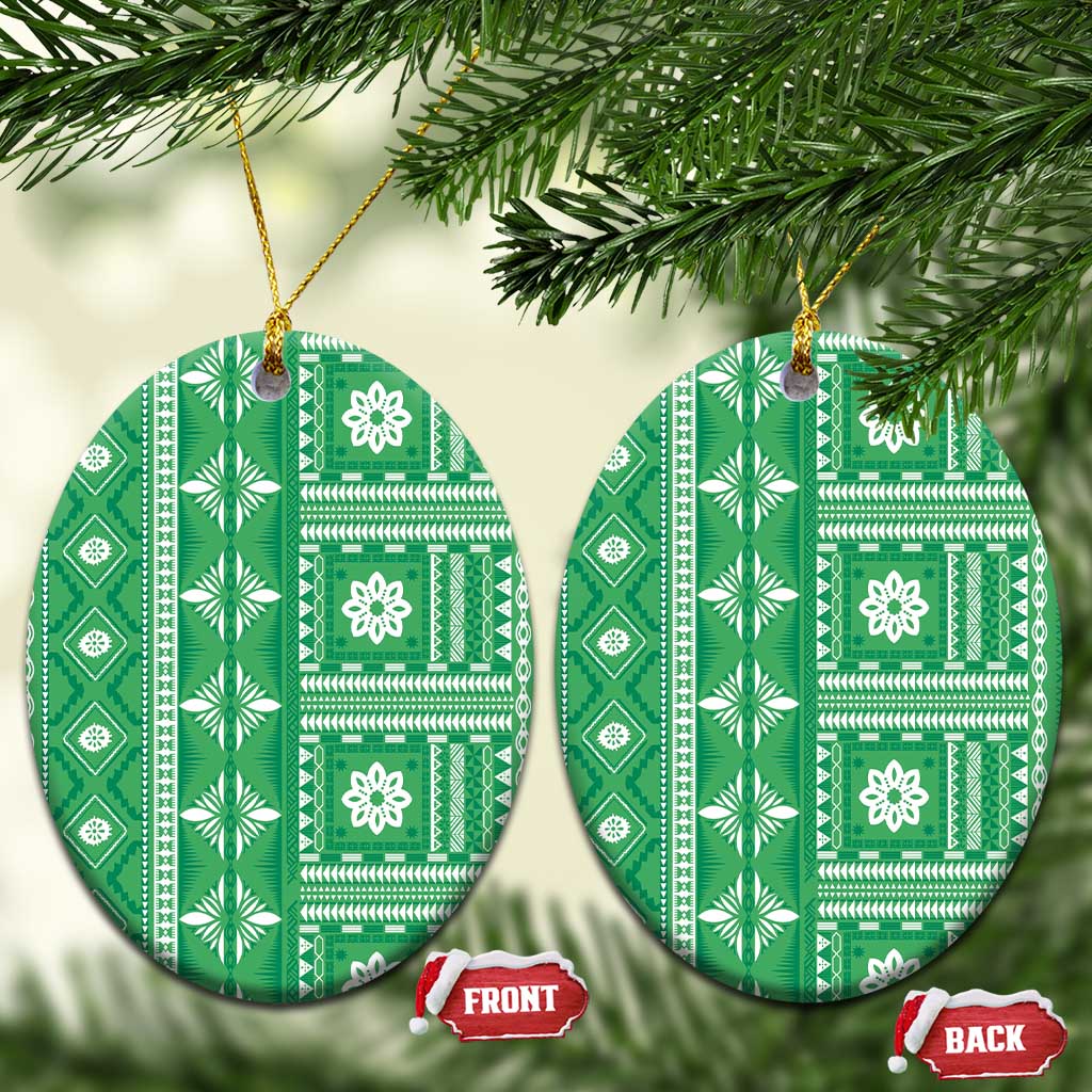Fiji Masi All Green Ceramic Ornament Tapa Pattern LT01 Oval Green - Polynesian Pride