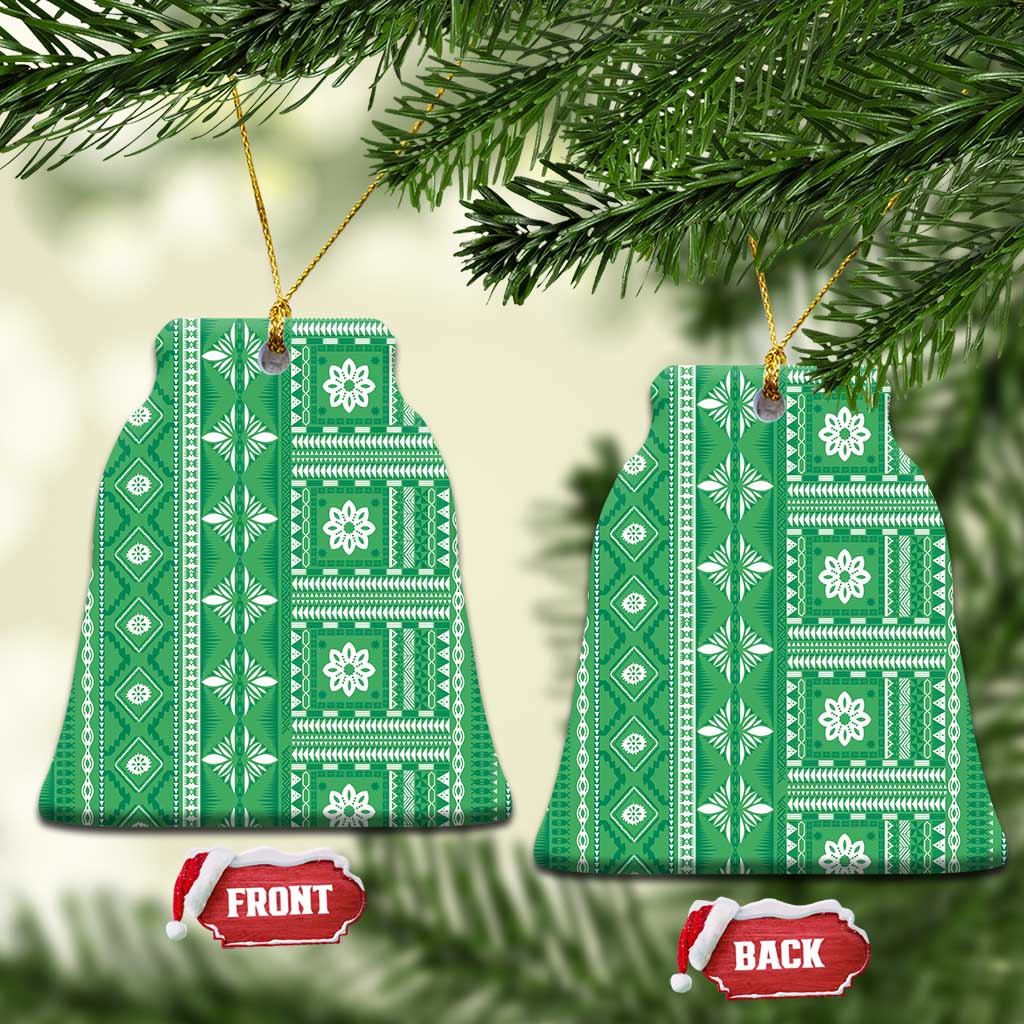 Fiji Masi All Green Ceramic Ornament Tapa Pattern LT01 Bell Flake Green - Polynesian Pride