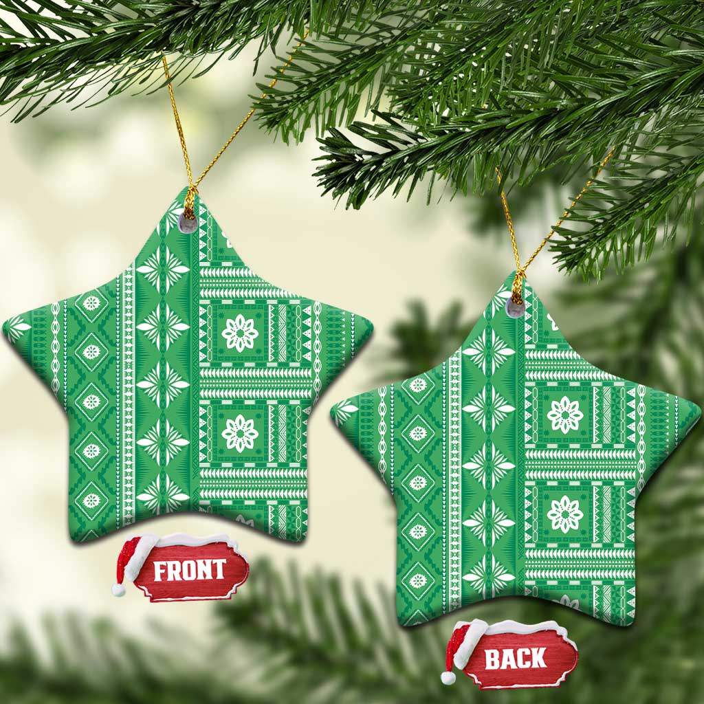 Fiji Masi All Green Ceramic Ornament Tapa Pattern LT01 Star Green - Polynesian Pride