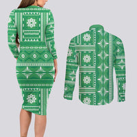 Fiji Masi All Green Couples Matching Long Sleeve Bodycon Dress and Long Sleeve Button Shirt Tapa Pattern - Polynesian Pride