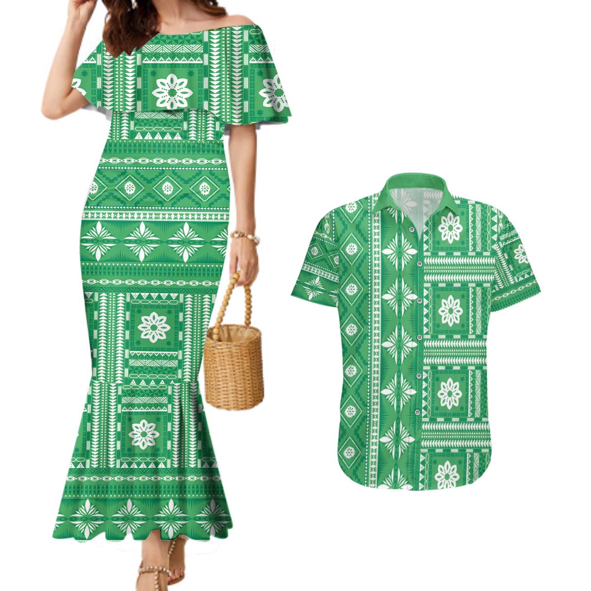 Fiji Masi All Green Couples Matching Mermaid Dress and Hawaiian Shirt Tapa Pattern - Polynesian Pride