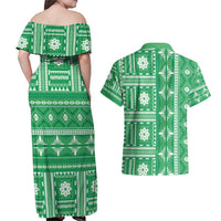 Fiji Masi All Green Couples Matching Off Shoulder Maxi Dress and Hawaiian Shirt Tapa Pattern - Polynesian Pride