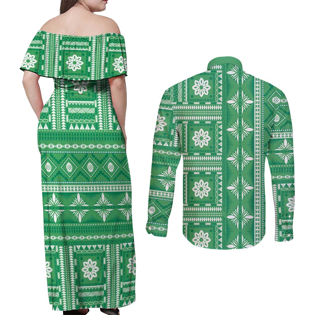 Fiji Masi All Green Couples Matching Off Shoulder Maxi Dress and Long Sleeve Button Shirt Tapa Pattern - Polynesian Pride