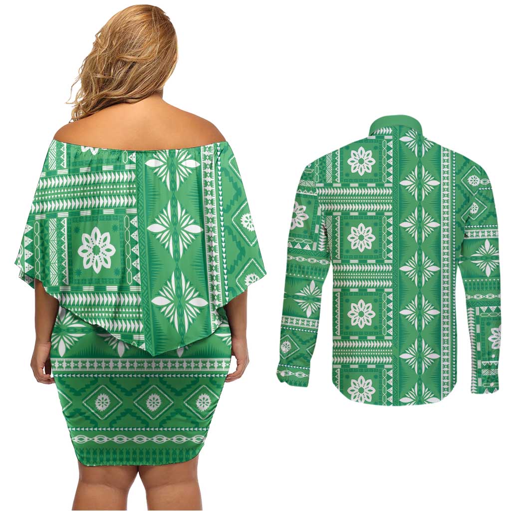 Fiji Masi All Green Couples Matching Off Shoulder Short Dress and Long Sleeve Button Shirt Tapa Pattern - Polynesian Pride