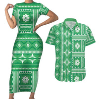 Fiji Masi All Green Couples Matching Short Sleeve Bodycon Dress and Hawaiian Shirt Tapa Pattern - Polynesian Pride